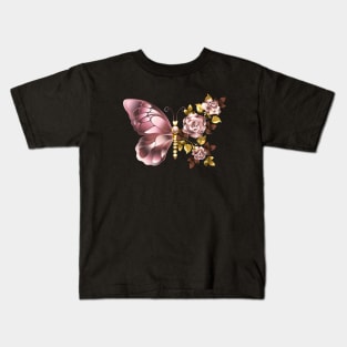 Flower Butterfly with Pink Gold Roses without blue leaves Kids T-Shirt